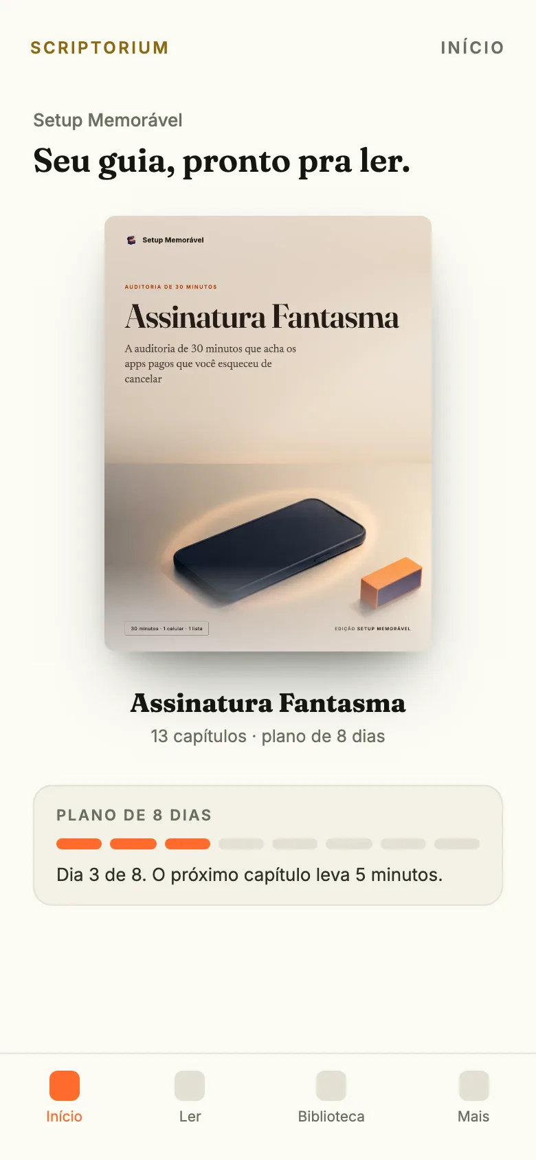 O guia Assinatura Fantasma aberto no app